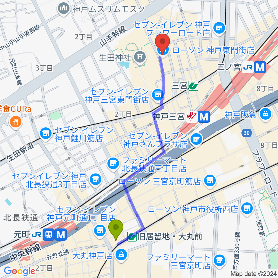 旧居留地・大丸前駅からケイヴ神戸へのルートマップ地図