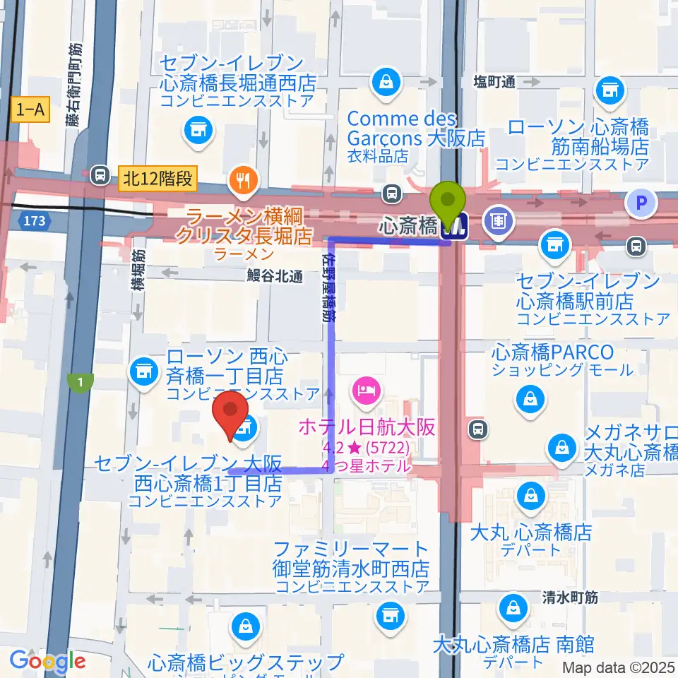 心斎橋駅から三木楽器BASS SIDEへのルートマップ地図