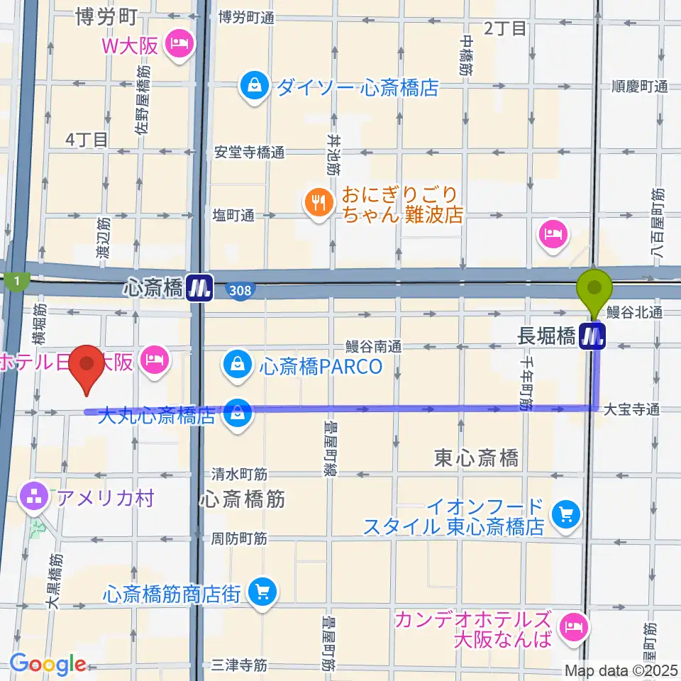 長堀橋駅から三木楽器BASS SIDEへのルートマップ地図