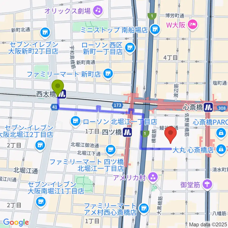 西大橋駅から三木楽器BASS SIDEへのルートマップ地図