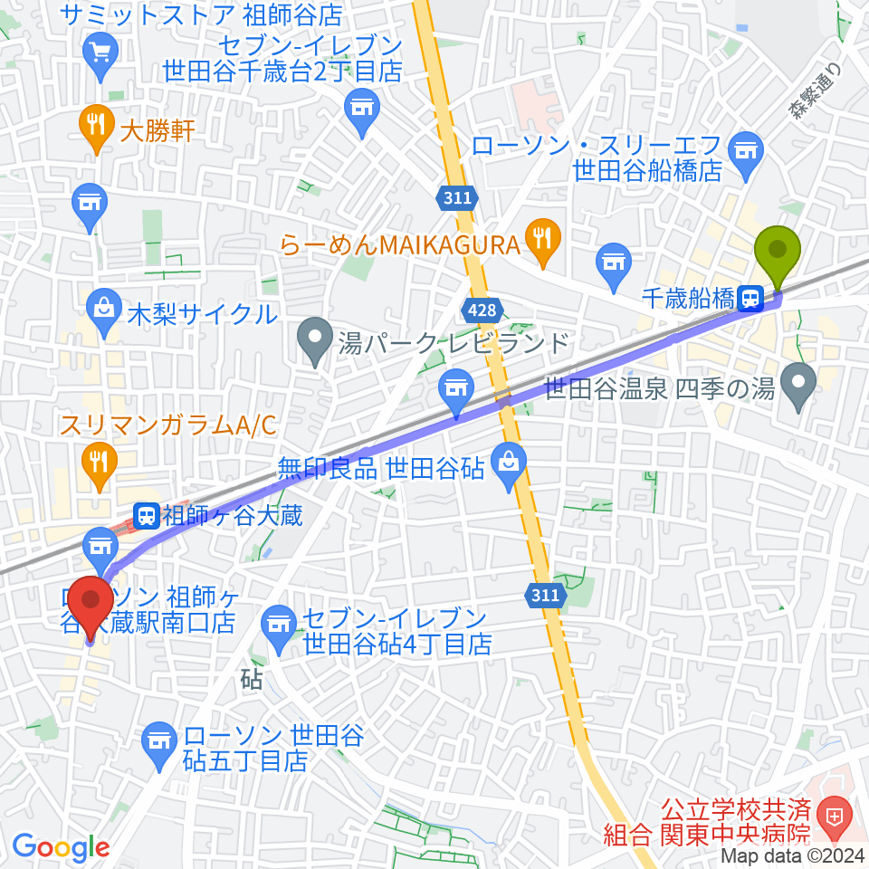 千歳船橋駅から祖師ケ谷大蔵mettaへのルートマップ地図
