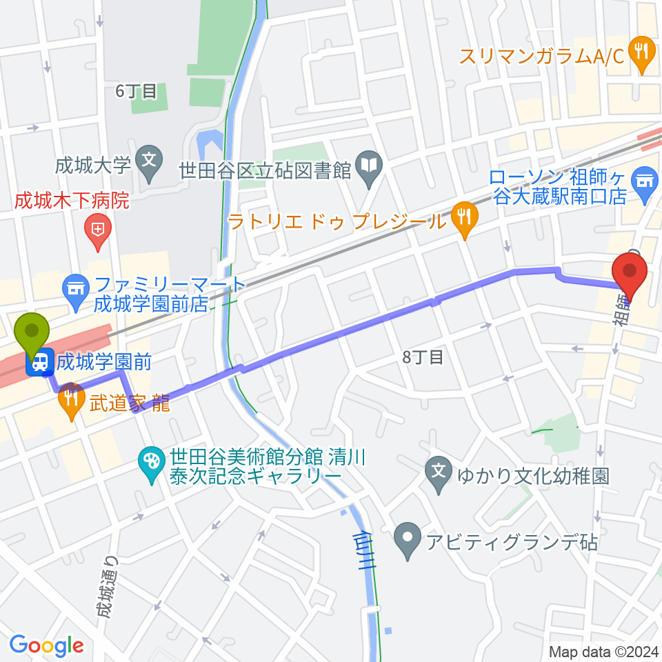 成城学園前駅から祖師ケ谷大蔵mettaへのルートマップ地図