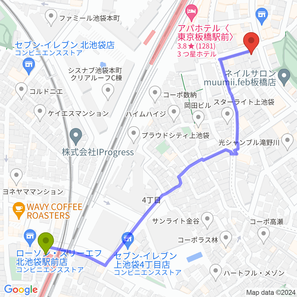 北池袋駅からKOYUKI PIANOへのルートマップ地図