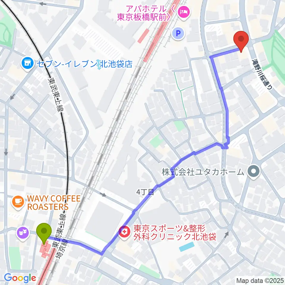 北池袋駅からKOYUKI PIANOへのルートマップ地図