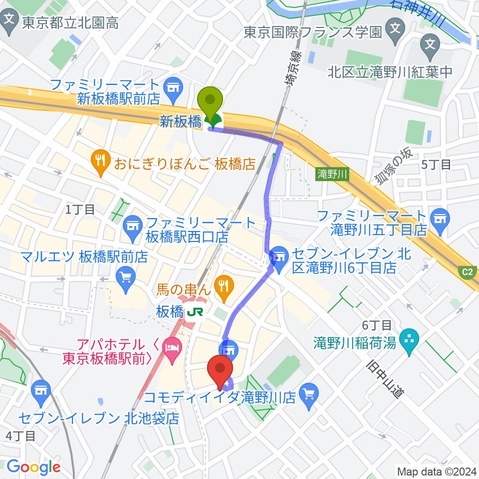 新板橋駅からKOYUKI PIANOへのルートマップ地図