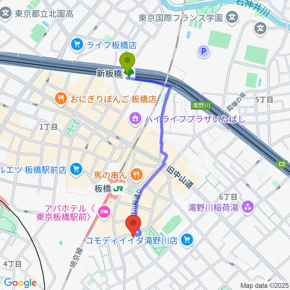 新板橋駅からKOYUKI PIANOへのルートマップ地図