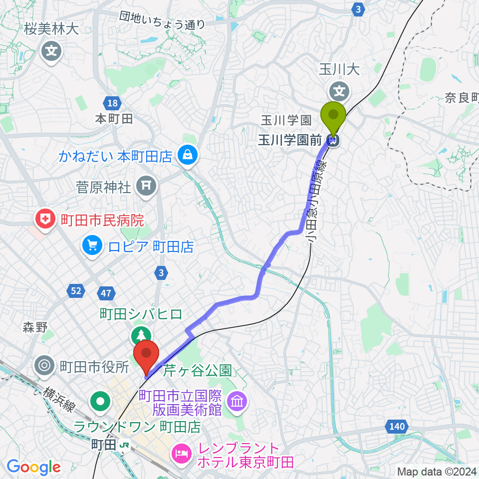 玉川学園前駅から町田INTO THE BLUEへのルートマップ地図