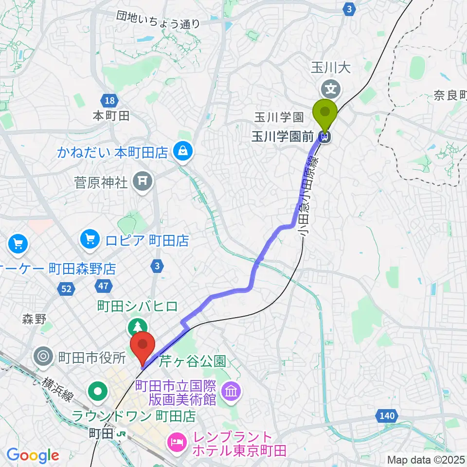 玉川学園前駅から町田INTO THE BLUEへのルートマップ地図