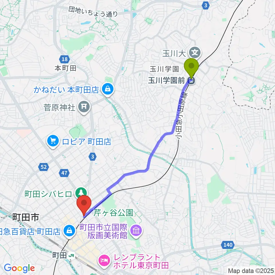 玉川学園前駅から町田INTO THE BLUEへのルートマップ地図