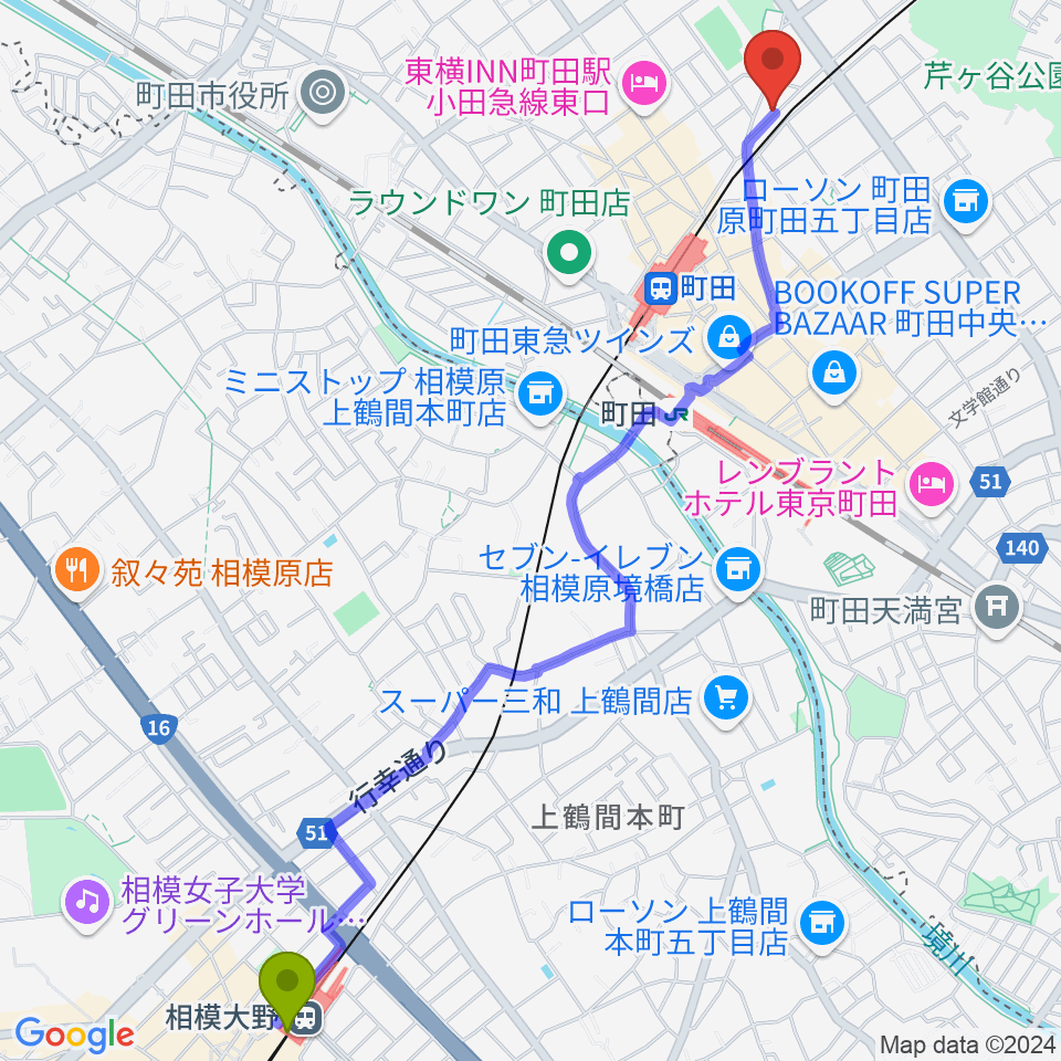 相模大野駅から町田INTO THE BLUEへのルートマップ地図