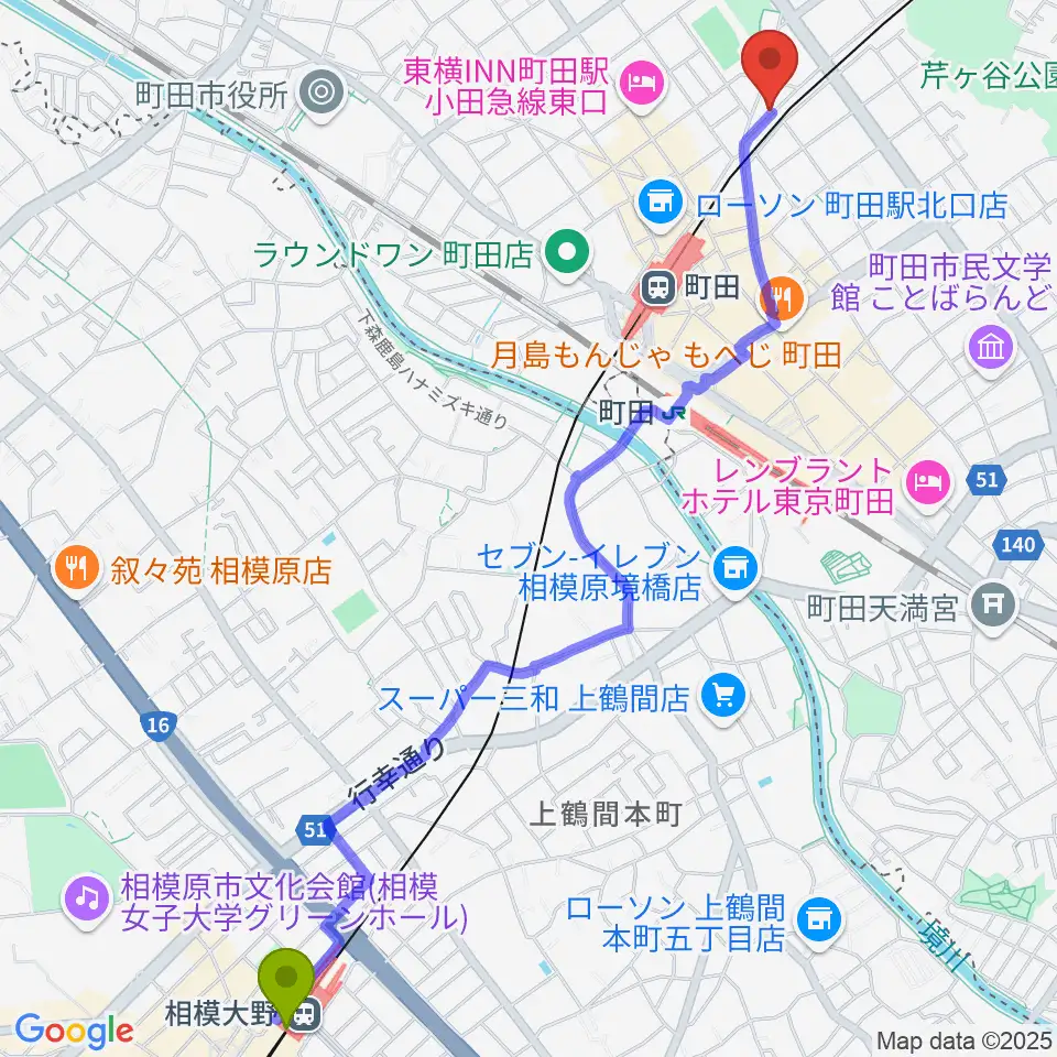 相模大野駅から町田INTO THE BLUEへのルートマップ地図