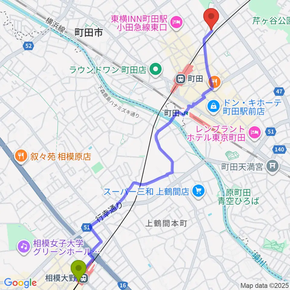 相模大野駅から町田INTO THE BLUEへのルートマップ地図