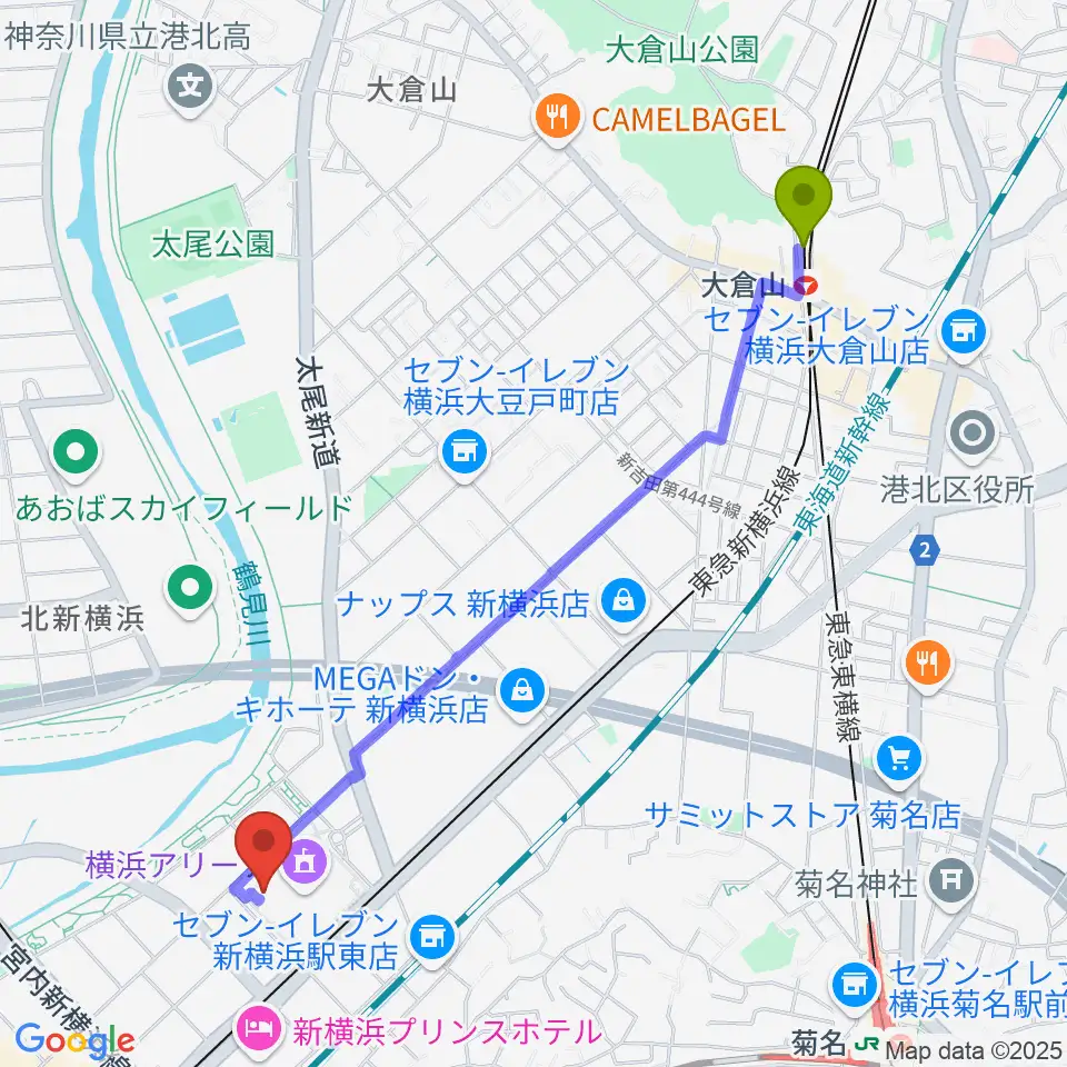 大倉山駅から新横浜strageへのルートマップ地図