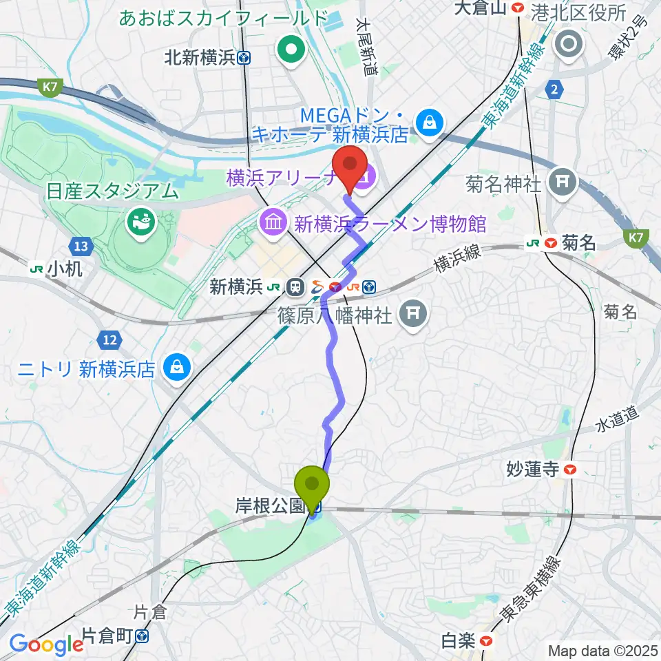 岸根公園駅から新横浜strageへのルートマップ地図