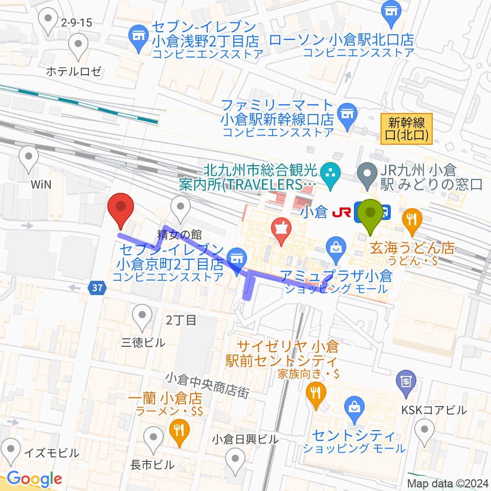 北九州響団 本陣の最寄駅小倉駅からの徒歩ルート（約4分）地図
