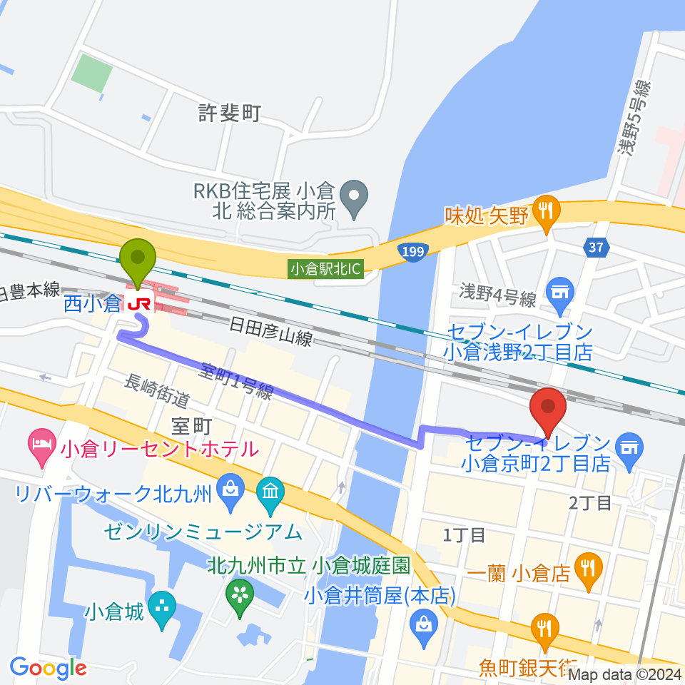 西小倉駅から北九州響団 本陣へのルートマップ地図