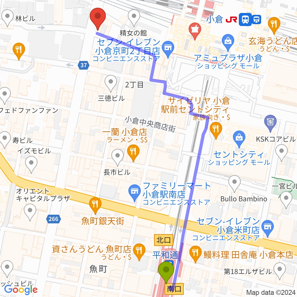 平和通駅から北九州響団 本陣へのルートマップ地図