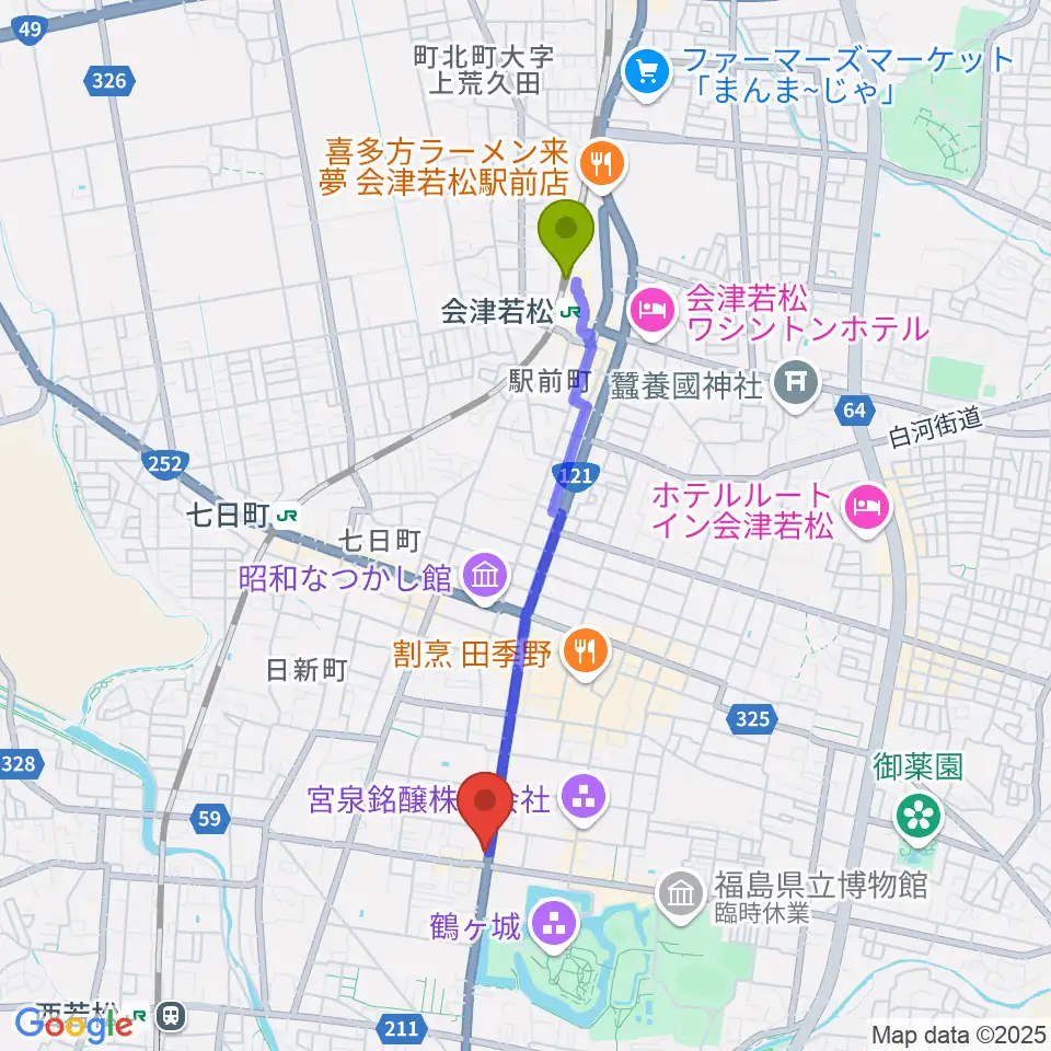 会津若松駅から会津若松 まるギター教室＆ベース、ウクレレへのルートマップ地図