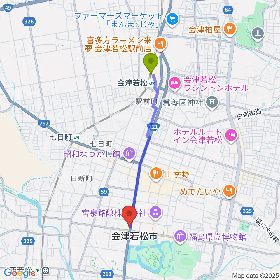 会津若松駅から会津若松 まるギター教室＆ベース、ウクレレへのルートマップ地図