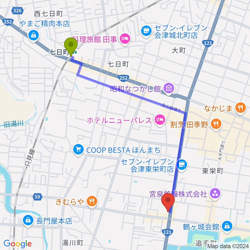 七日町駅から会津若松 まるギター教室＆ベース、ウクレレへのルートマップ地図