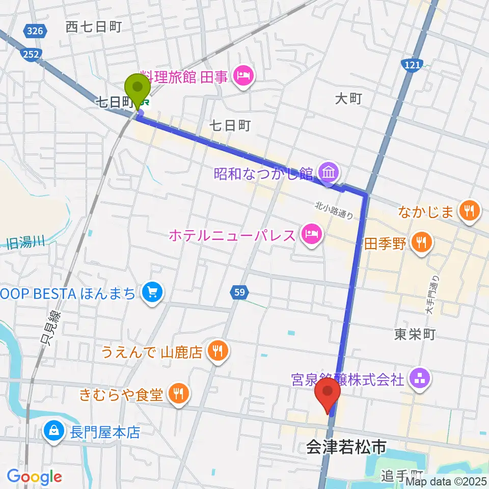 七日町駅から会津若松 まるギター教室＆ベース、ウクレレへのルートマップ地図