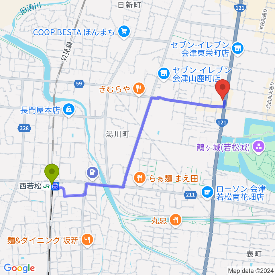 会津若松 まるギター教室＆ベース、ウクレレの最寄駅西若松駅からの徒歩ルート（約21分）地図