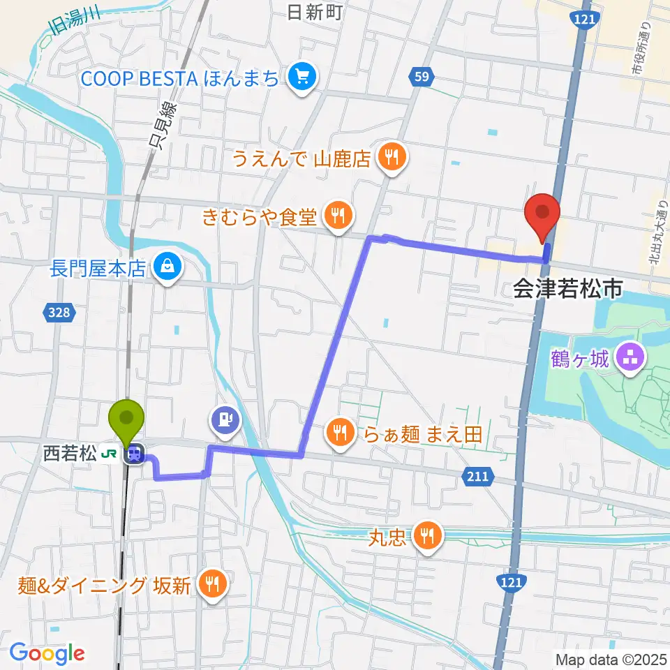 会津若松 まるギター教室＆ベース、ウクレレの最寄駅西若松駅からの徒歩ルート（約21分）地図