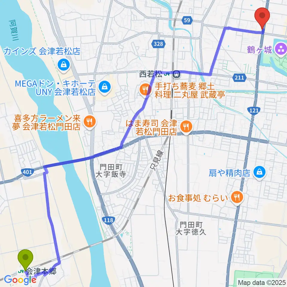 会津本郷駅から会津若松 まるギター教室＆ベース、ウクレレへのルートマップ地図