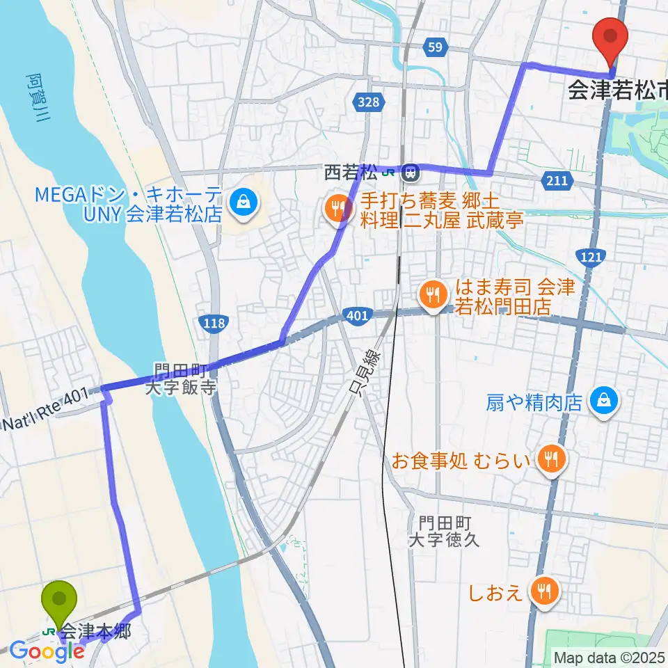 会津本郷駅から会津若松 まるギター教室＆ベース、ウクレレへのルートマップ地図