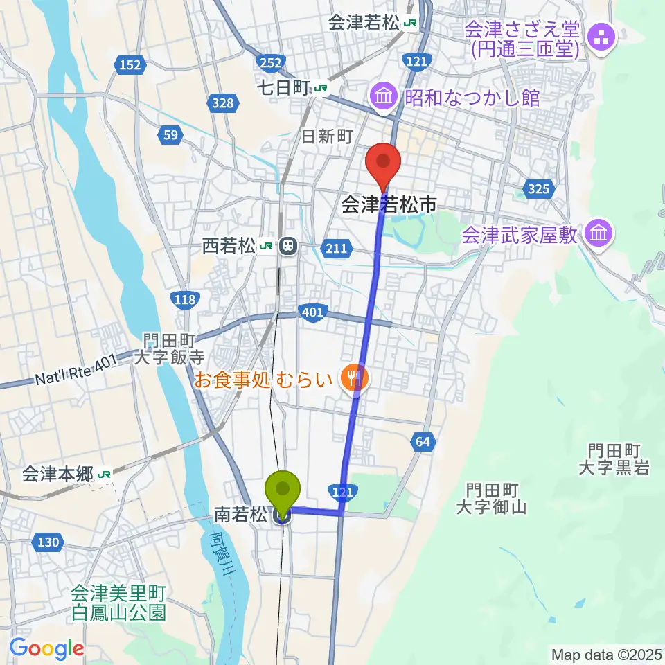 南若松駅から会津若松 まるギター教室＆ベース、ウクレレへのルートマップ地図