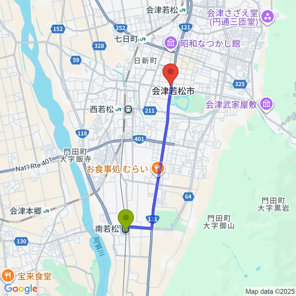 南若松駅から会津若松 まるギター教室＆ベース、ウクレレへのルートマップ地図