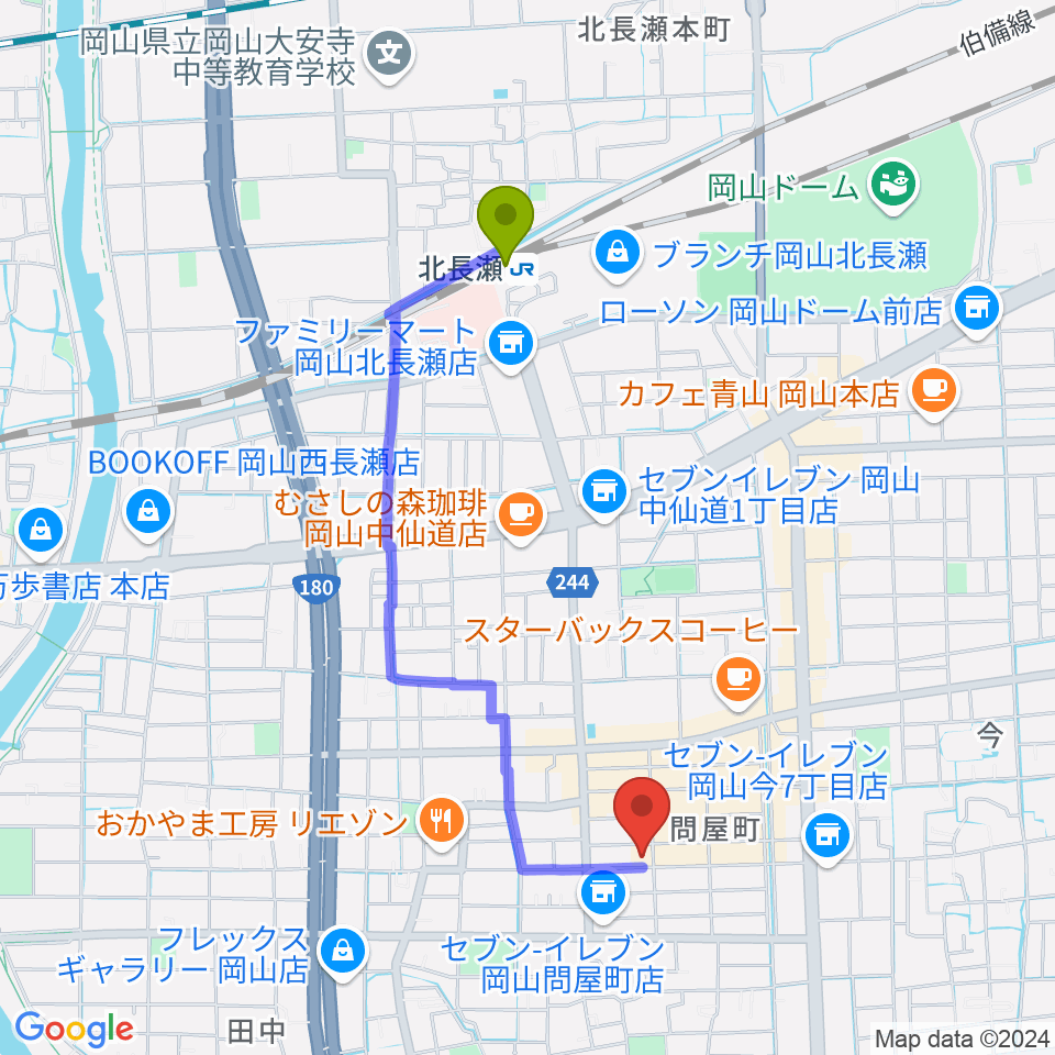 スタジオバース問屋町スタジオの最寄駅北長瀬駅からの徒歩ルート（約18分）地図