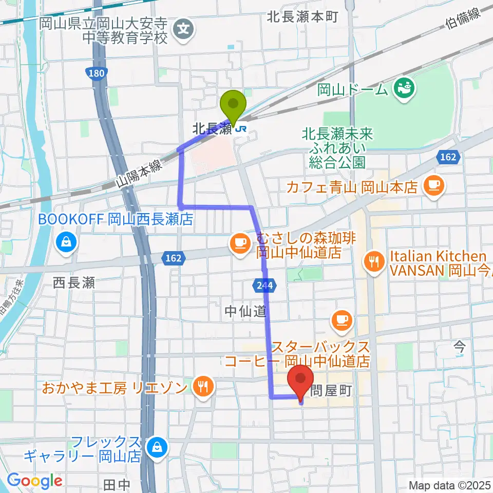 スタジオバース問屋町の最寄駅北長瀬駅からの徒歩ルート（約18分）地図