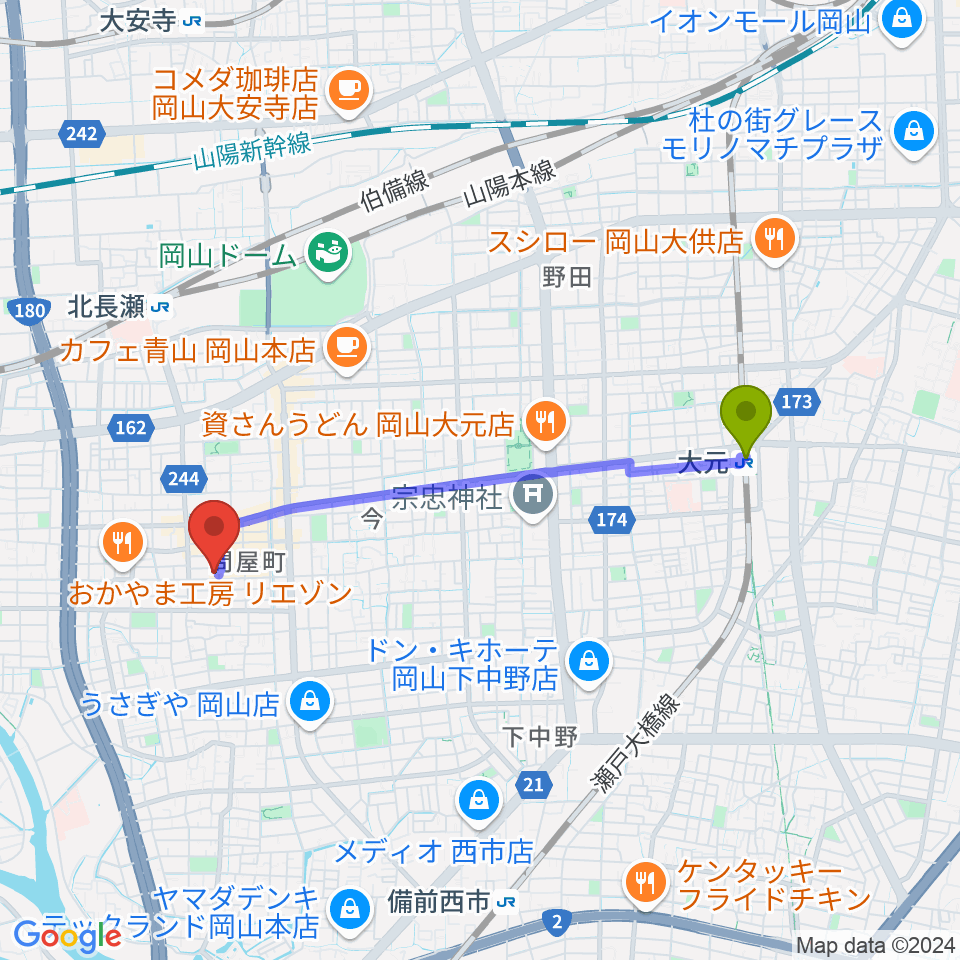 大元駅からスタジオバース問屋町スタジオへのルートマップ地図