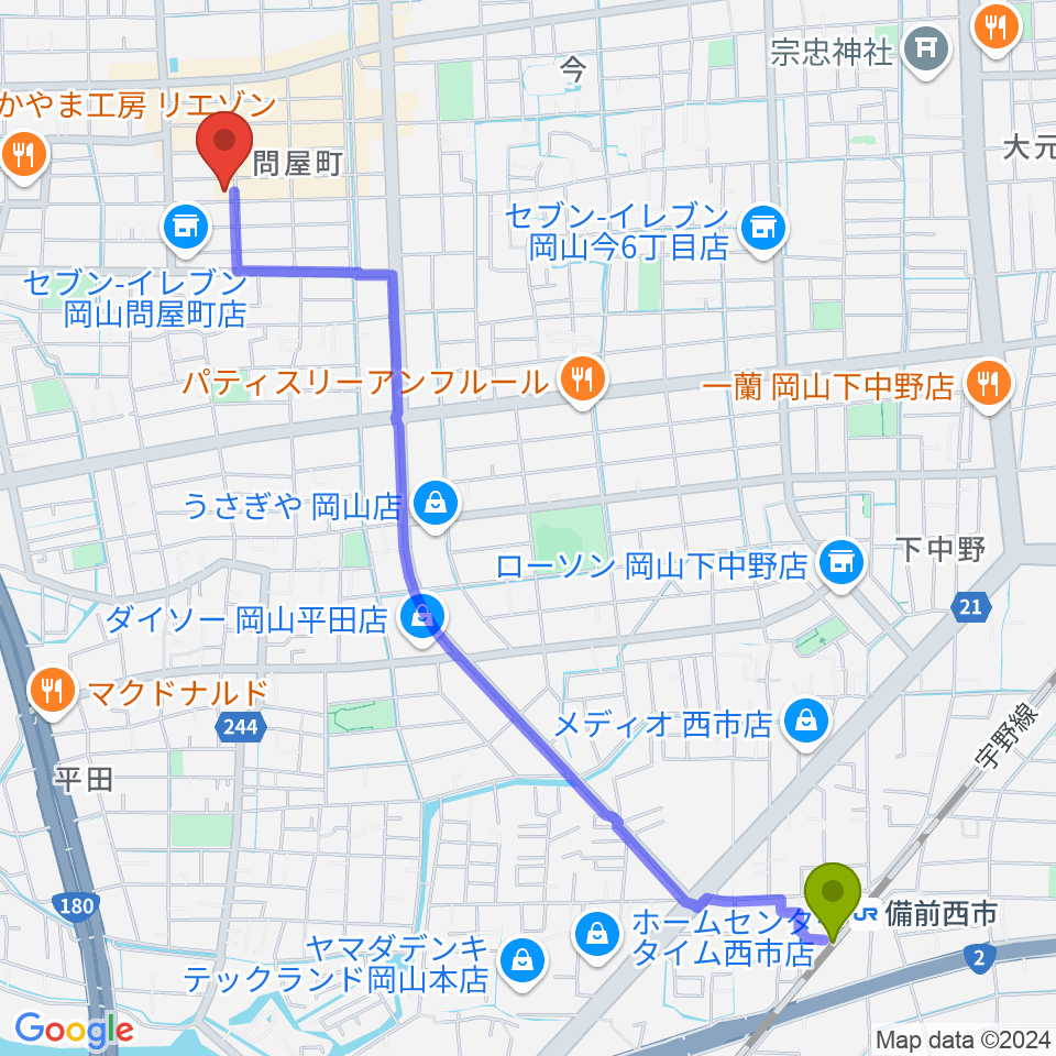 備前西市駅からスタジオバース問屋町スタジオへのルートマップ地図