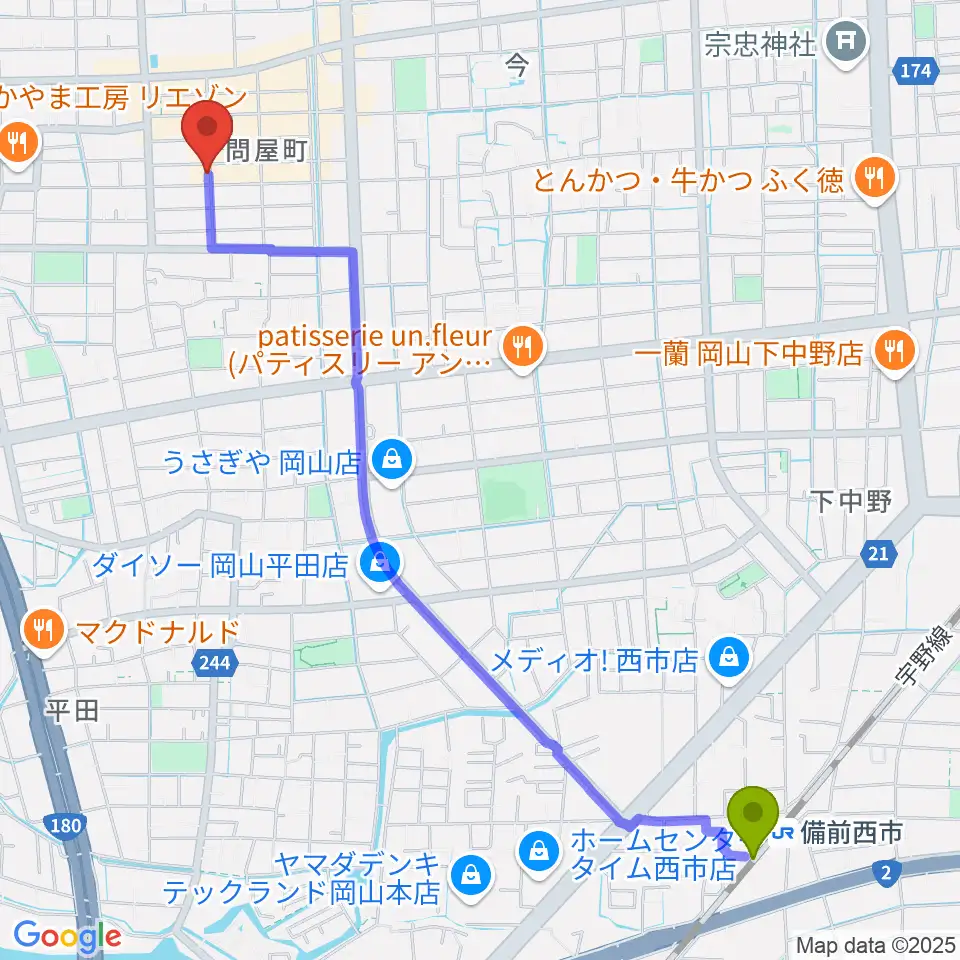 備前西市駅からスタジオバース問屋町へのルートマップ地図