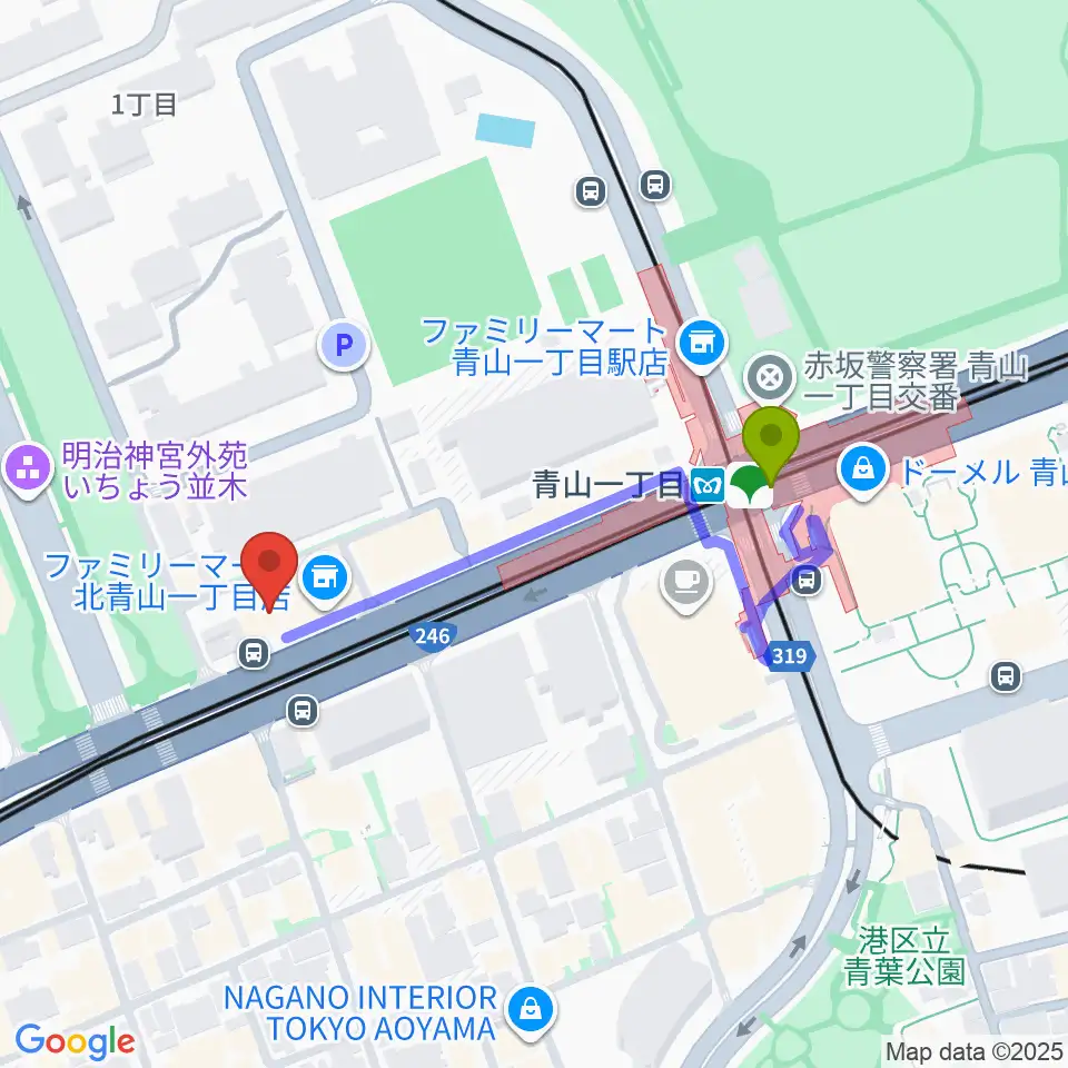 青山RizMの最寄駅青山一丁目駅からの徒歩ルート（約4分）地図
