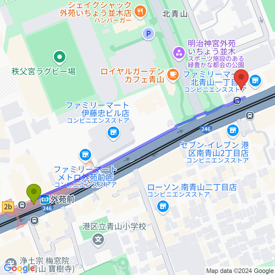 外苑前駅から青山RizMへのルートマップ地図