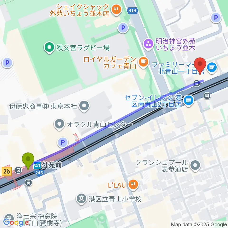 外苑前駅から青山RizMへのルートマップ地図