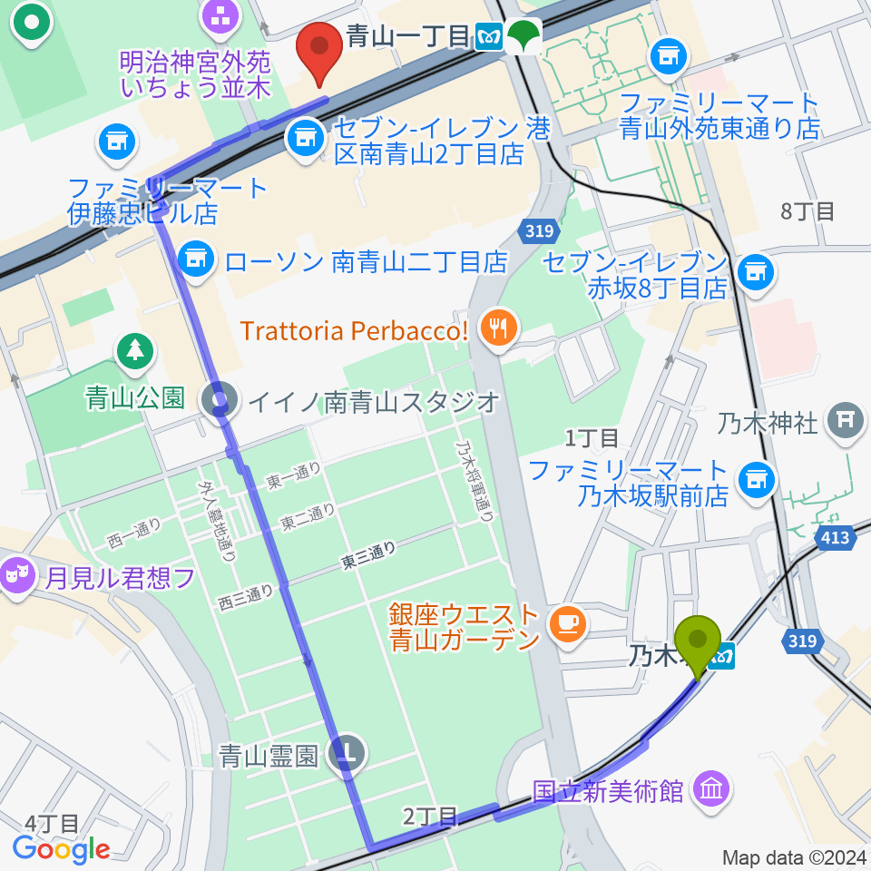 乃木坂駅から青山RizMへのルートマップ地図