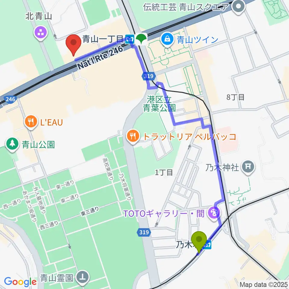 乃木坂駅から青山RizMへのルートマップ地図