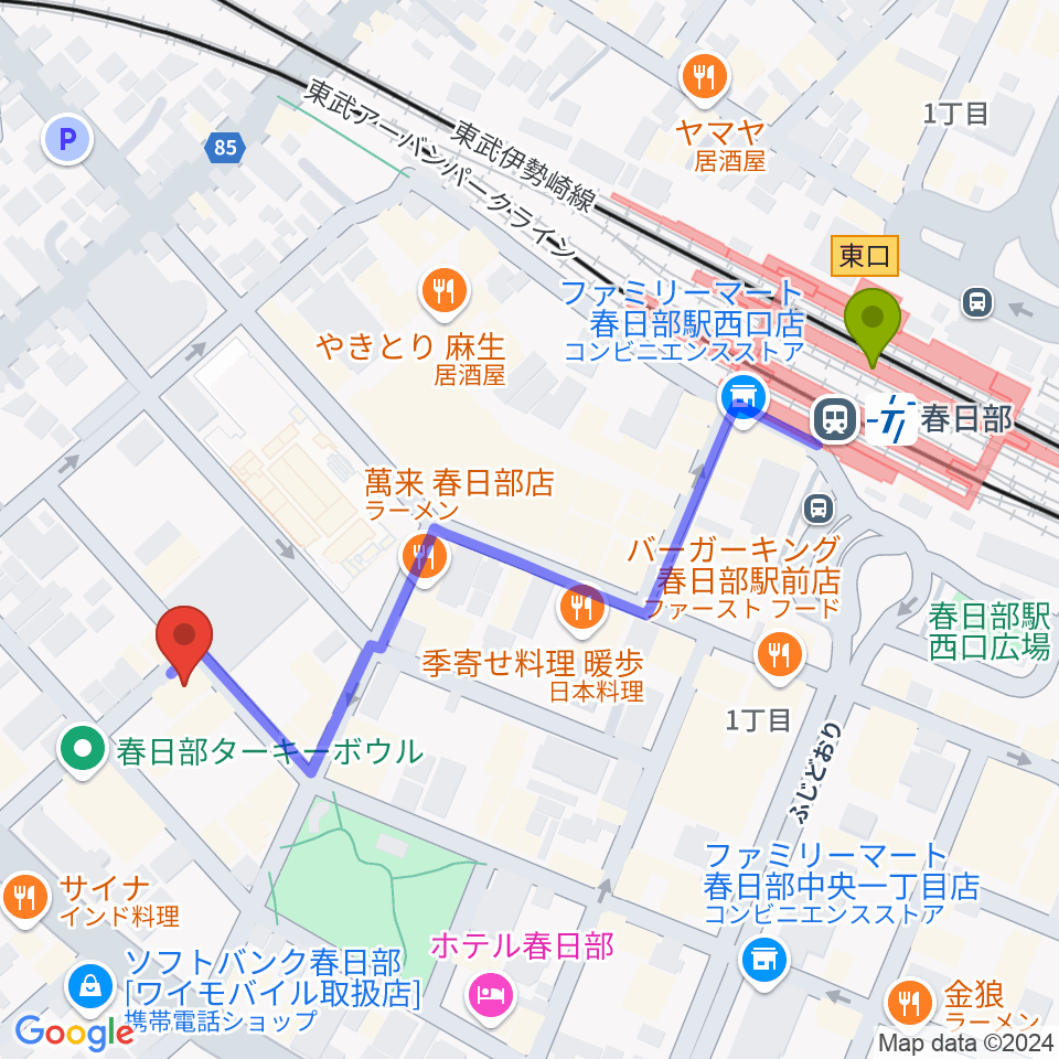 Show-hey Music Studioの最寄駅春日部駅からの徒歩ルート（約6分）地図