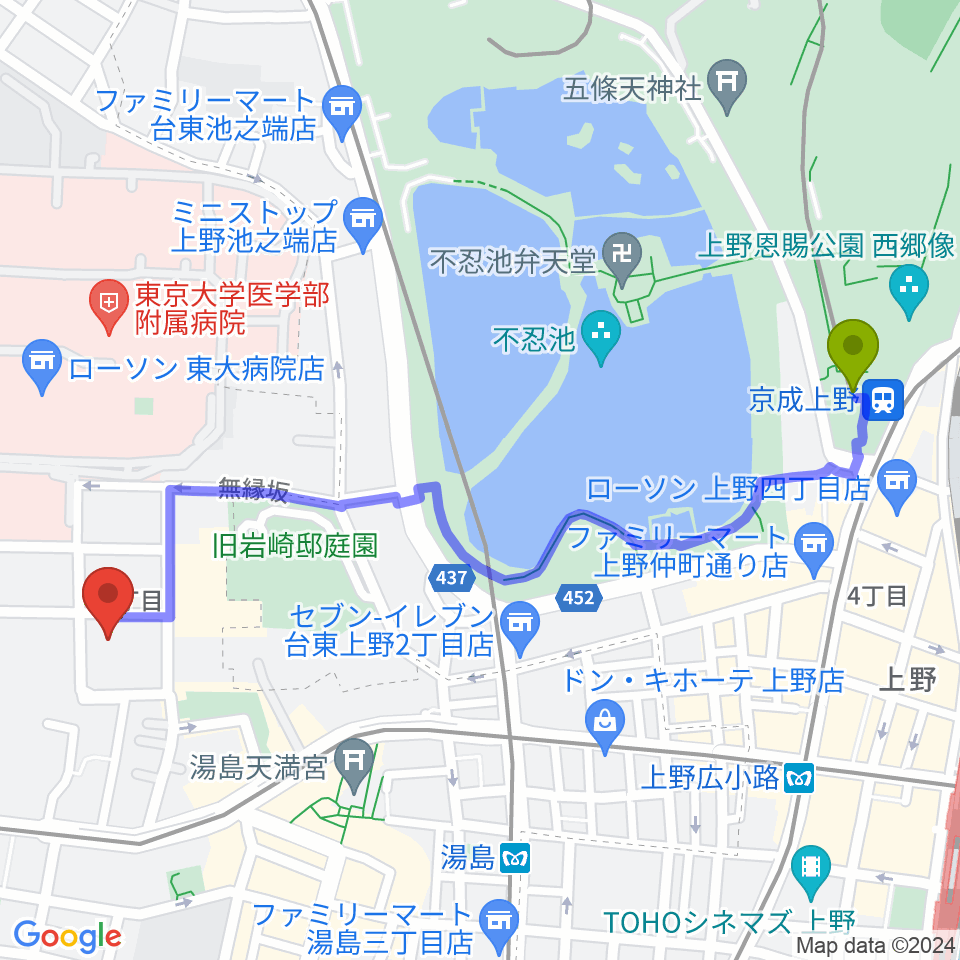 京成上野駅から文京区青少年プラザb-labへのルートマップ地図