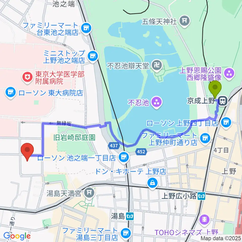 京成上野駅から文京区青少年プラザb-labへのルートマップ地図