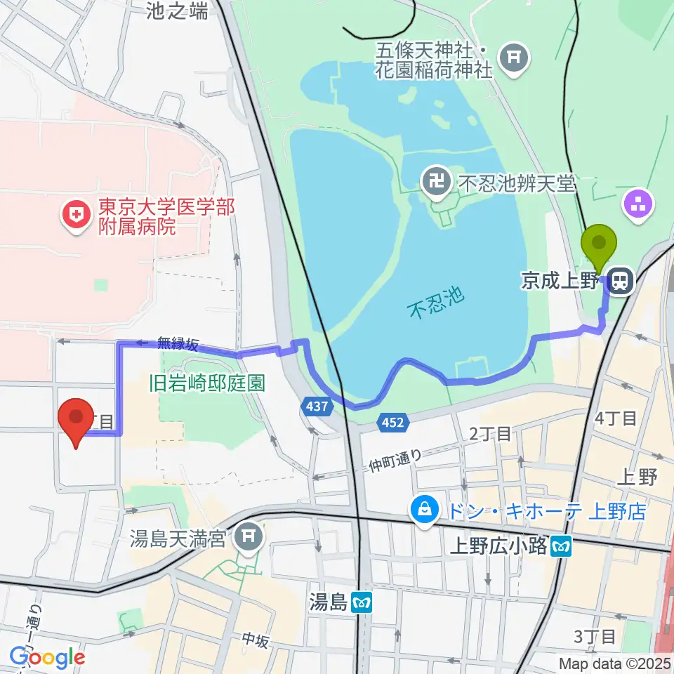京成上野駅から文京区青少年プラザb-labへのルートマップ地図