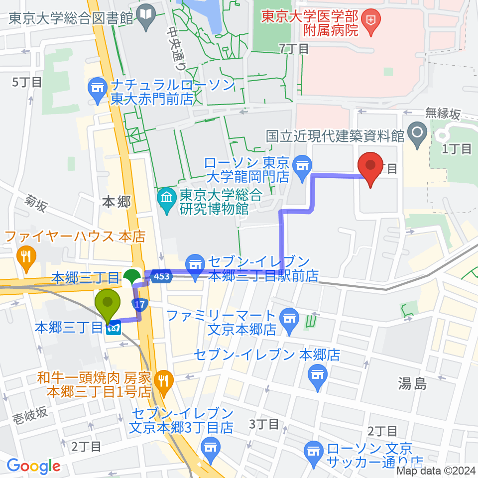 本郷三丁目駅から文京区青少年プラザb-labへのルートマップ地図