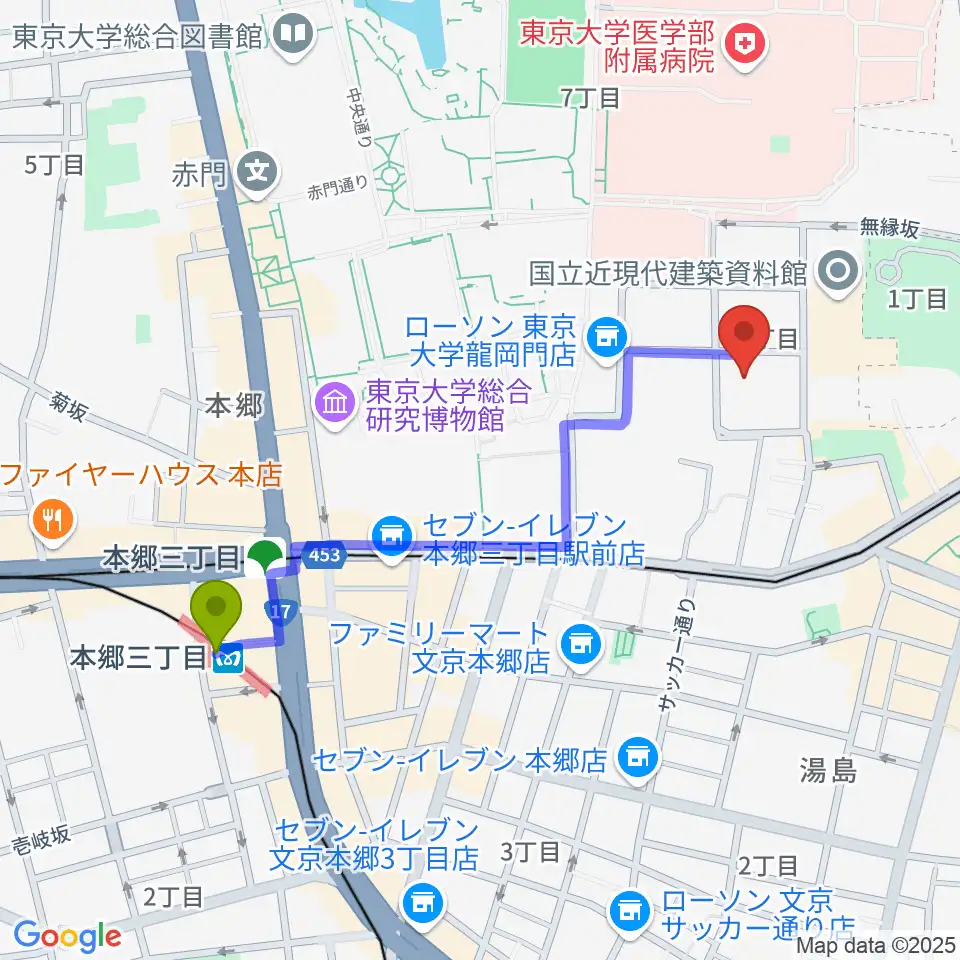 本郷三丁目駅から文京区青少年プラザb-labへのルートマップ地図