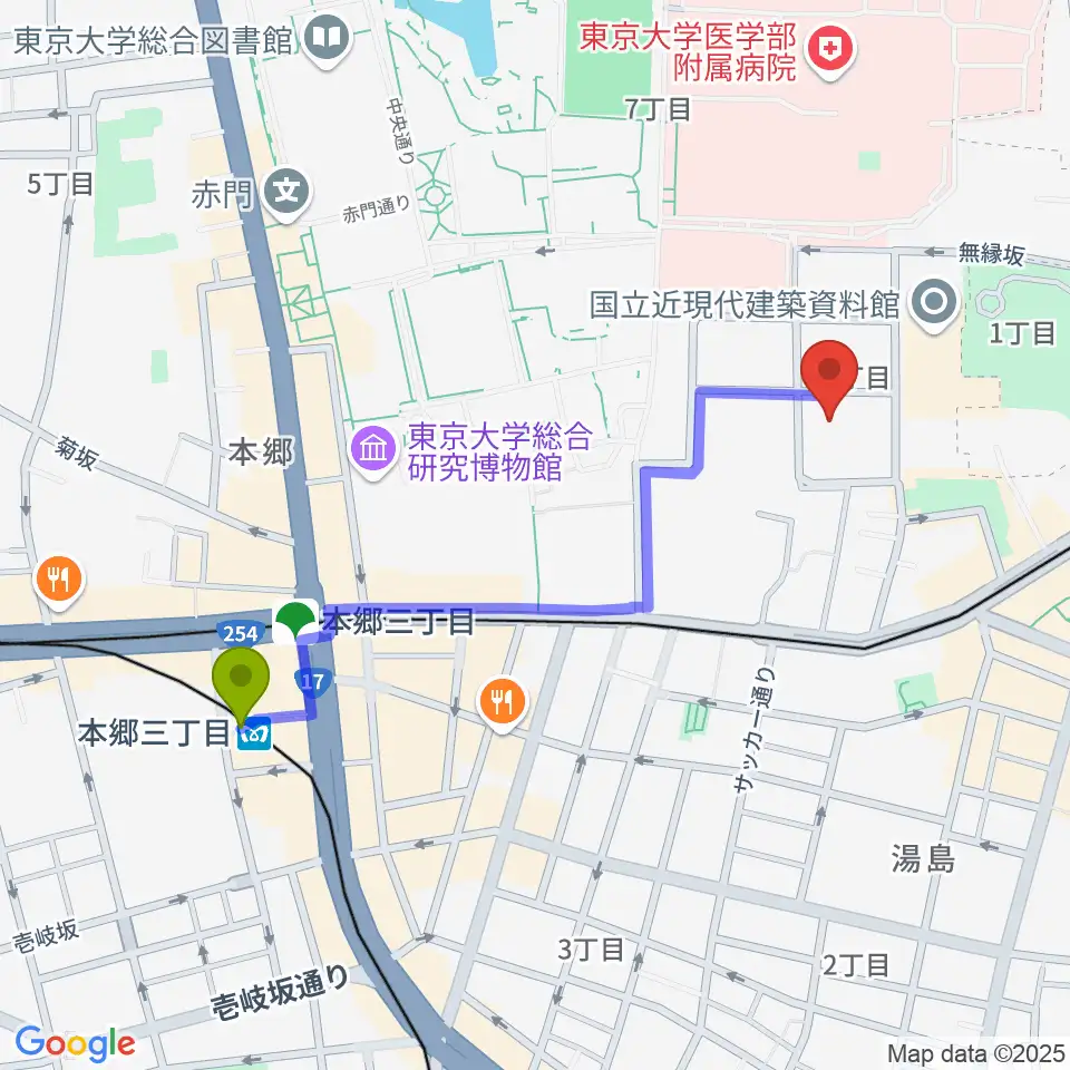 本郷三丁目駅から文京区青少年プラザb-labへのルートマップ地図