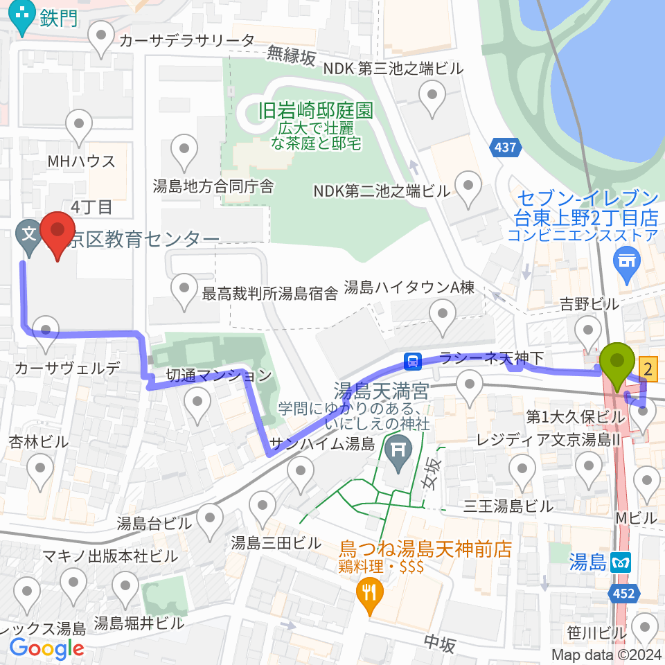 文京区青少年プラザb-labの最寄駅湯島駅からの徒歩ルート（約7分）地図