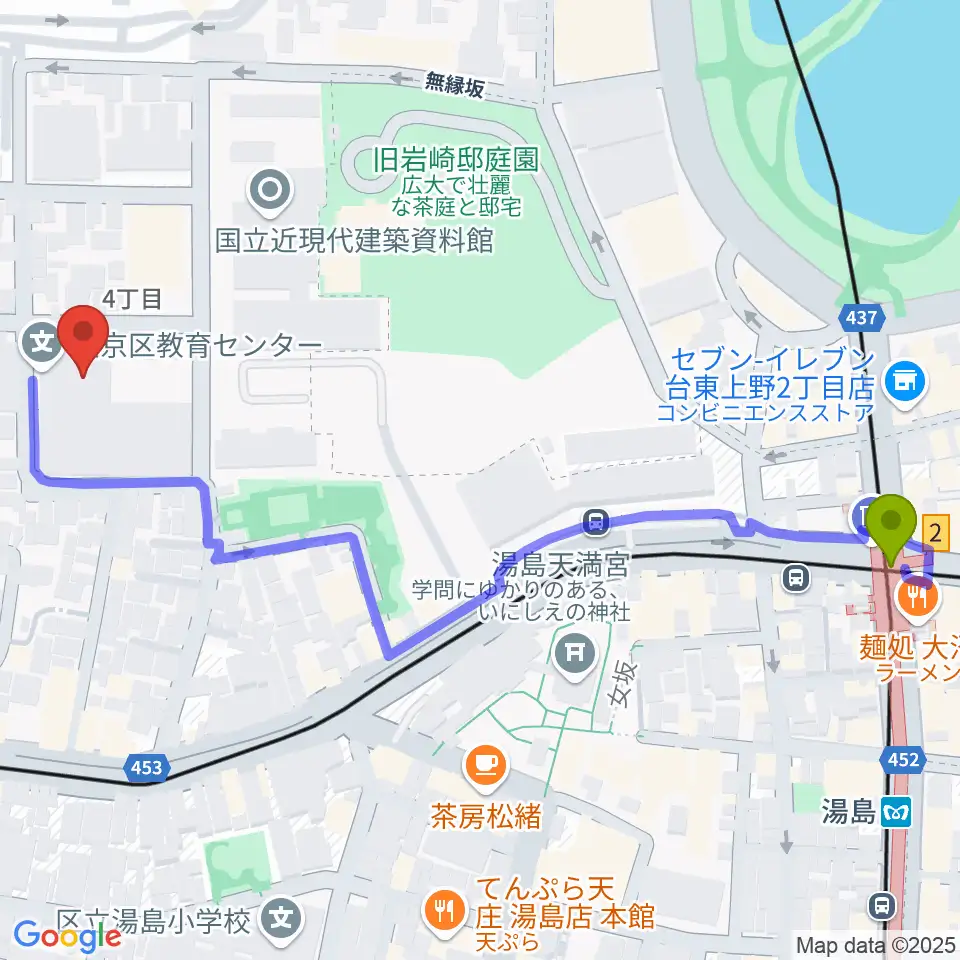 文京区青少年プラザb-labの最寄駅湯島駅からの徒歩ルート（約7分）地図